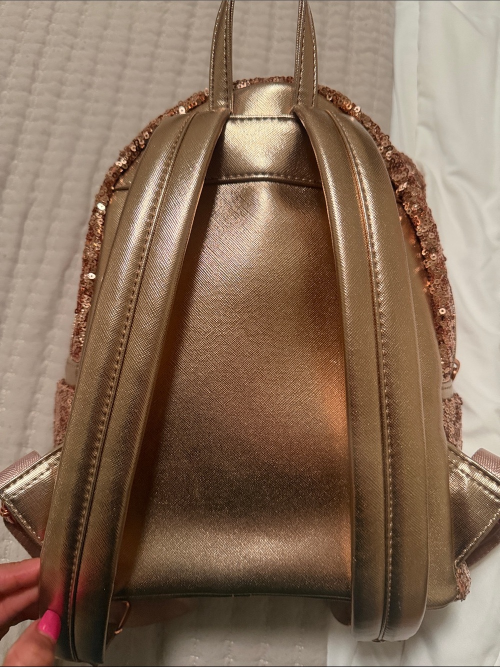 Loungefly Rose Gold Sequin Mini Backpack with Metallic Bow (Retired heart logo) - Picture 2 of 7
